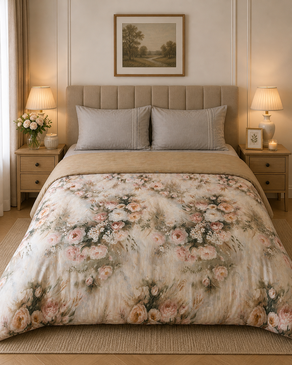 Lightweight Cooling Comforter with 3-Side Frill — Double Bed - Floral