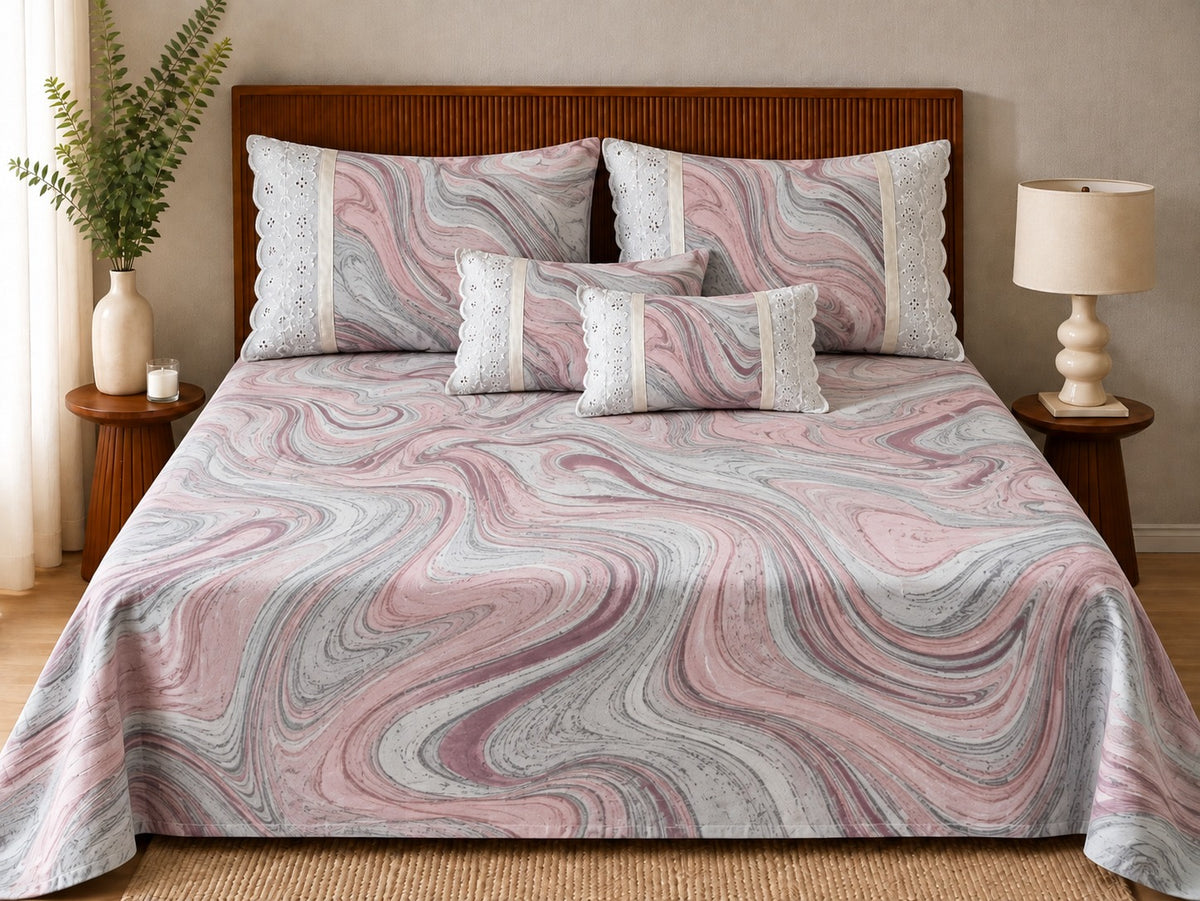 Premium Pure Cotton Bedding Set with Delicate Eyelet Lace Trim – Pink & Grey Marble Swirl