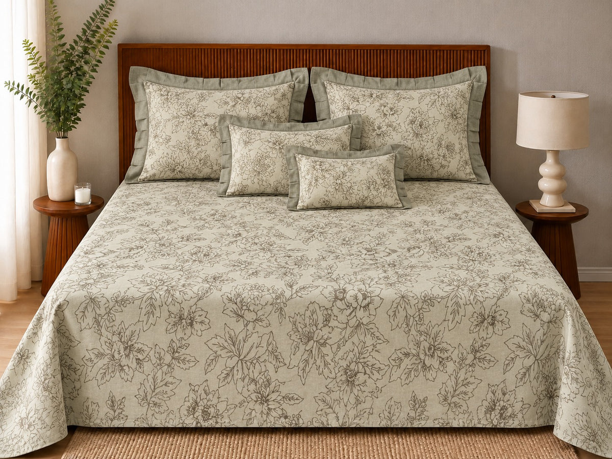 Opalia Homes Pure Cotton Rich Bedsheet Set – Vintage Floral & Pleated Ruffle Borders