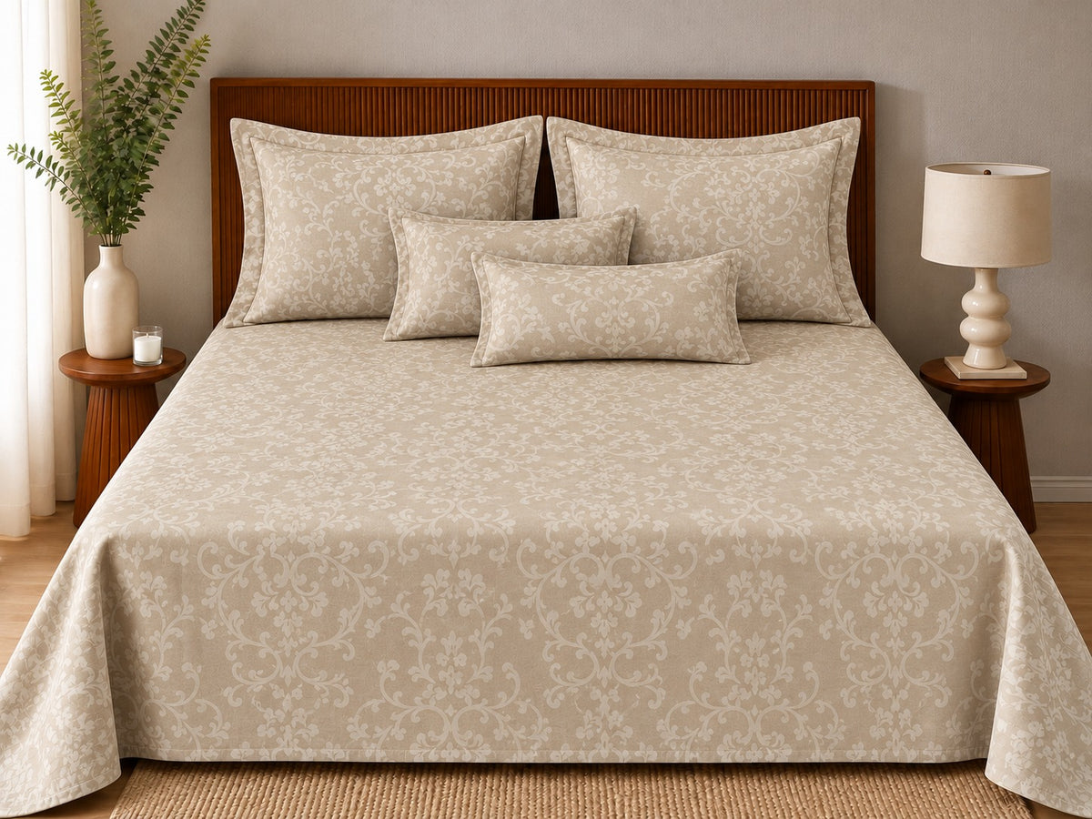 Opalia Homes Pure Cotton Damask & Scroll Bedsheet Set – Warm Beige