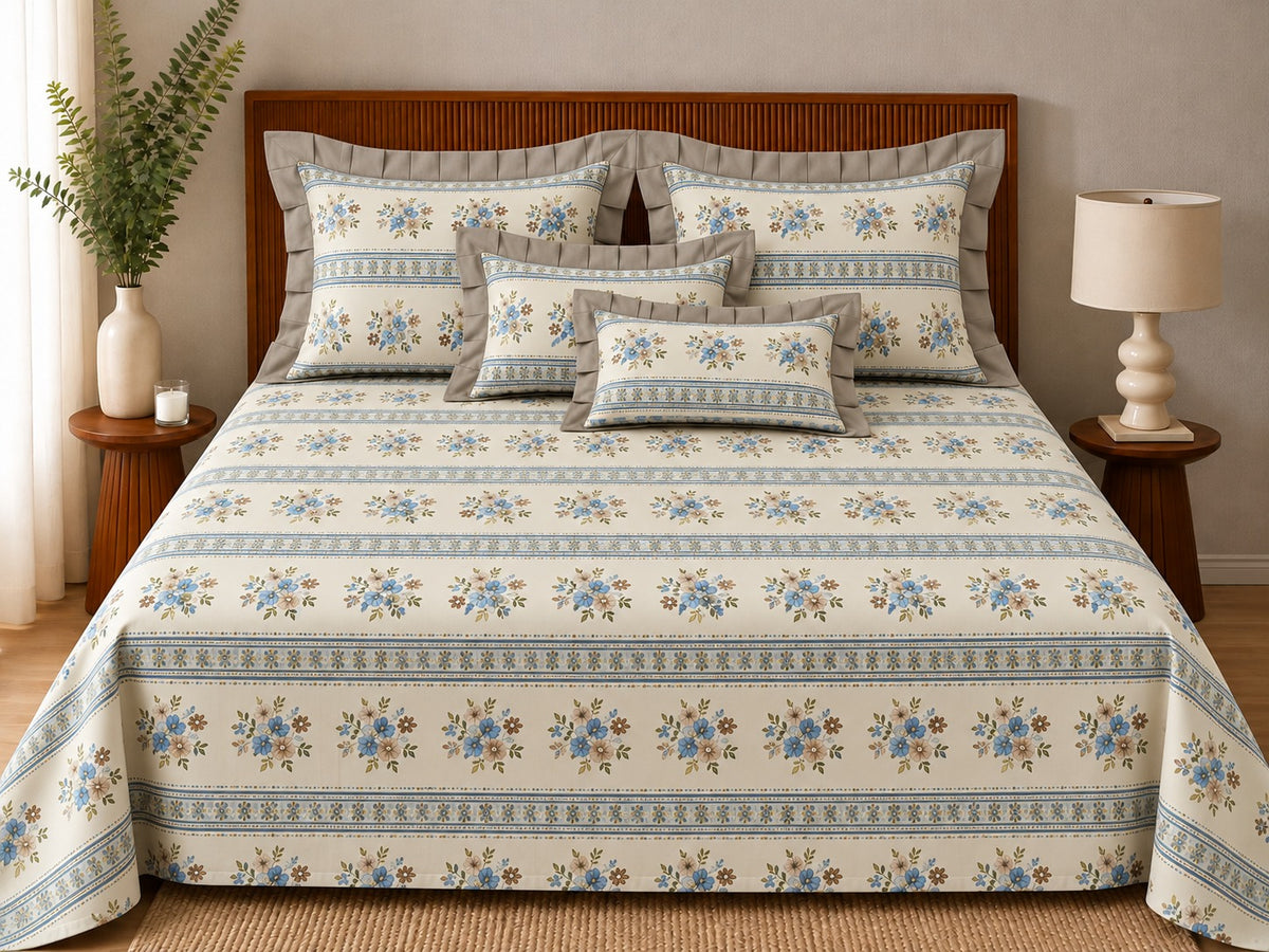Opalia Homes Pure Cotton Stripe & Floral Bedsheet Set – Ruffle Border Design