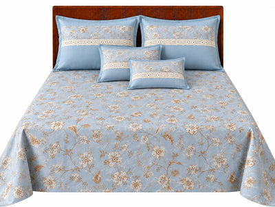 Opalia Homes Cotton Floral Bedsheet Set – Soft Powder Blue with Eyelet Lace Pillows