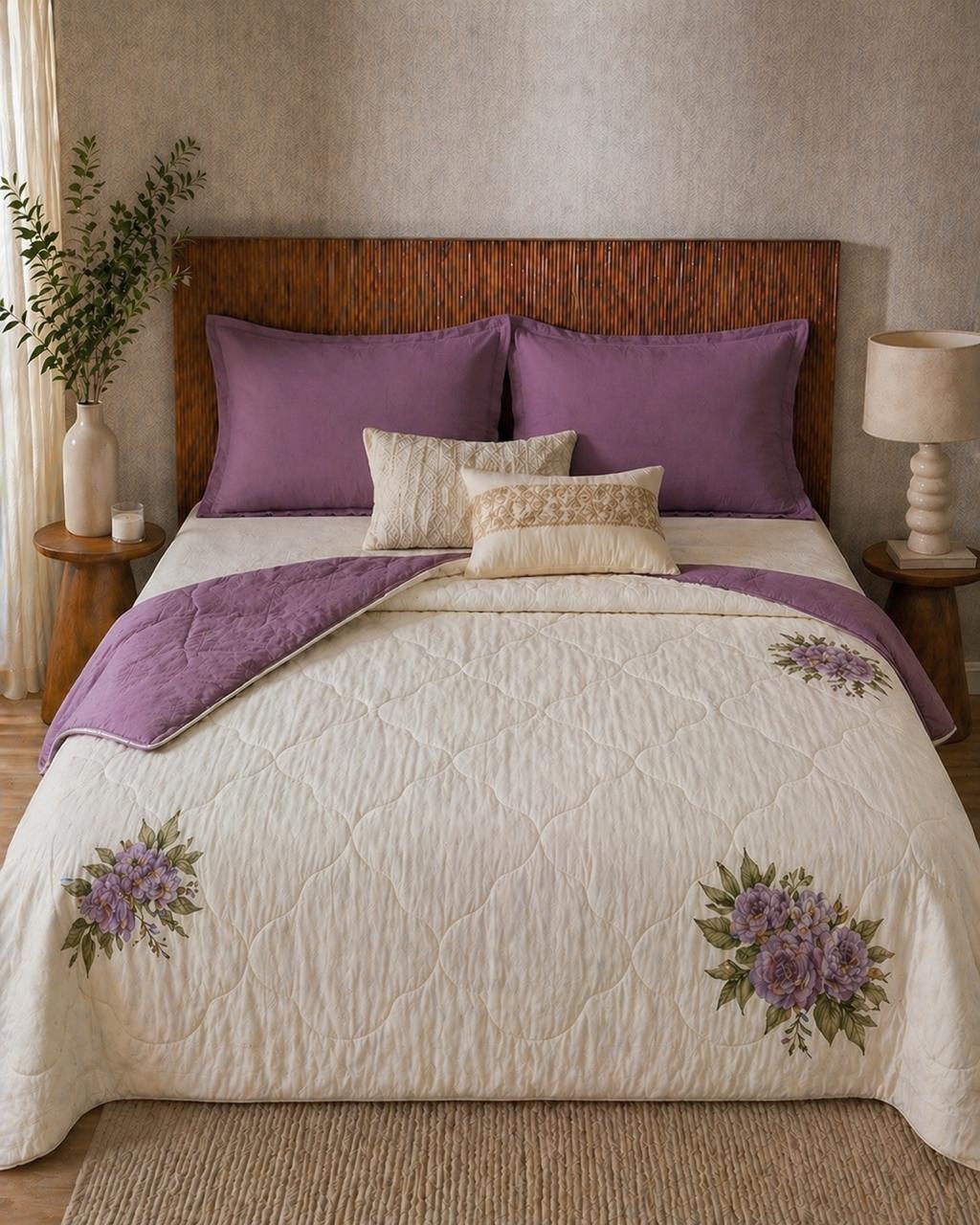 Premium Quilted Comforter Set with Floral Embroidery — Lavender & Ivory