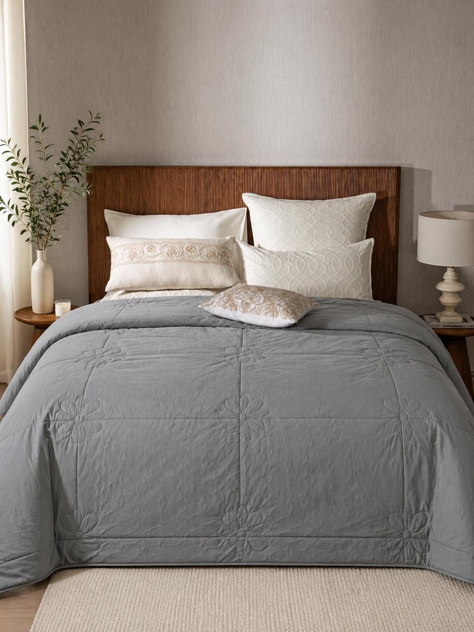 Quilted Cotton Comforter with Floral Stitch Detail — Slate Grey