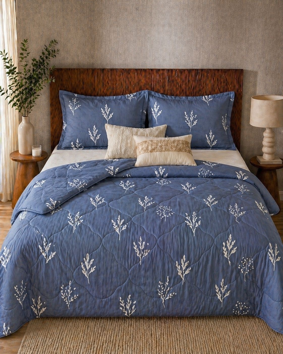 Quilted Cotton Comforter – Indigo Blue with Botanical Motif (King Size)