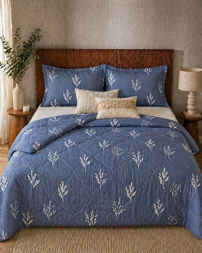 Quilted Cotton Comforter – Indigo Blue with Botanical Motif (King Size)