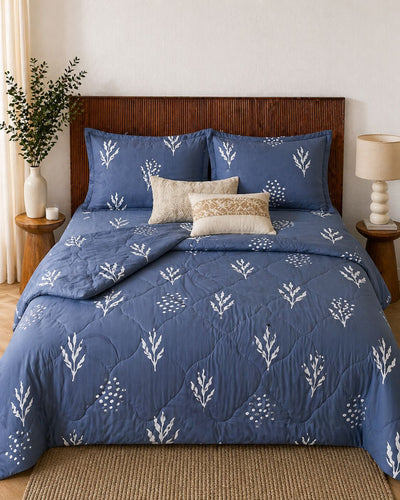 Cotton Bedsheet with Quilted Comforter Set – Indigo Blue Botanical (King Size)