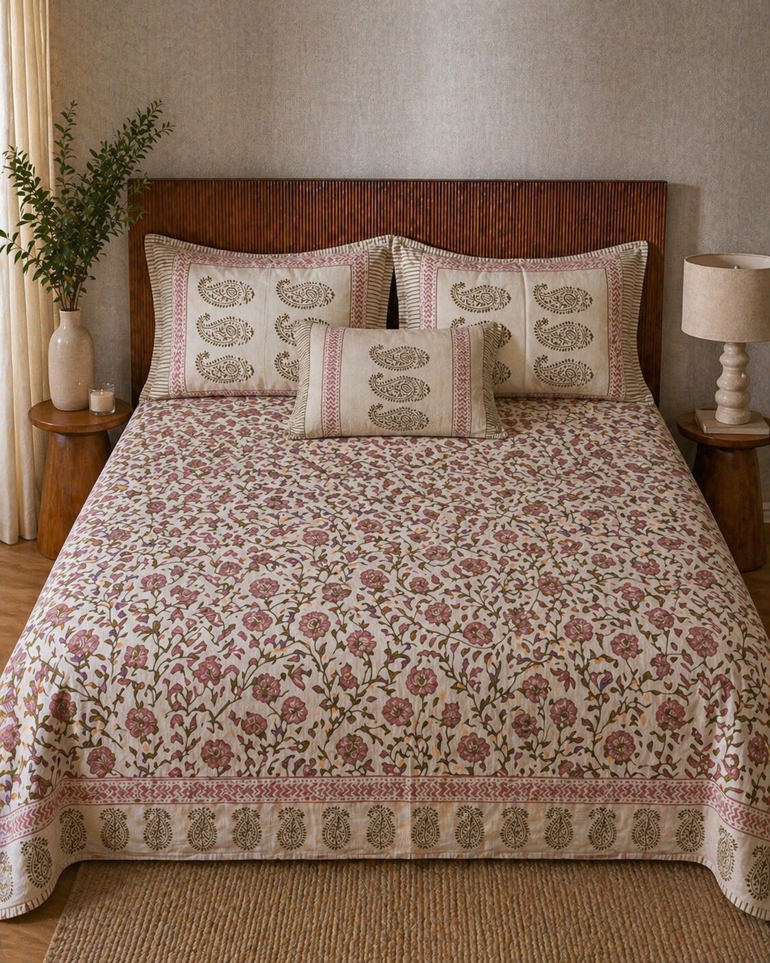 Blush Bloom Handblock Bedsheet Set