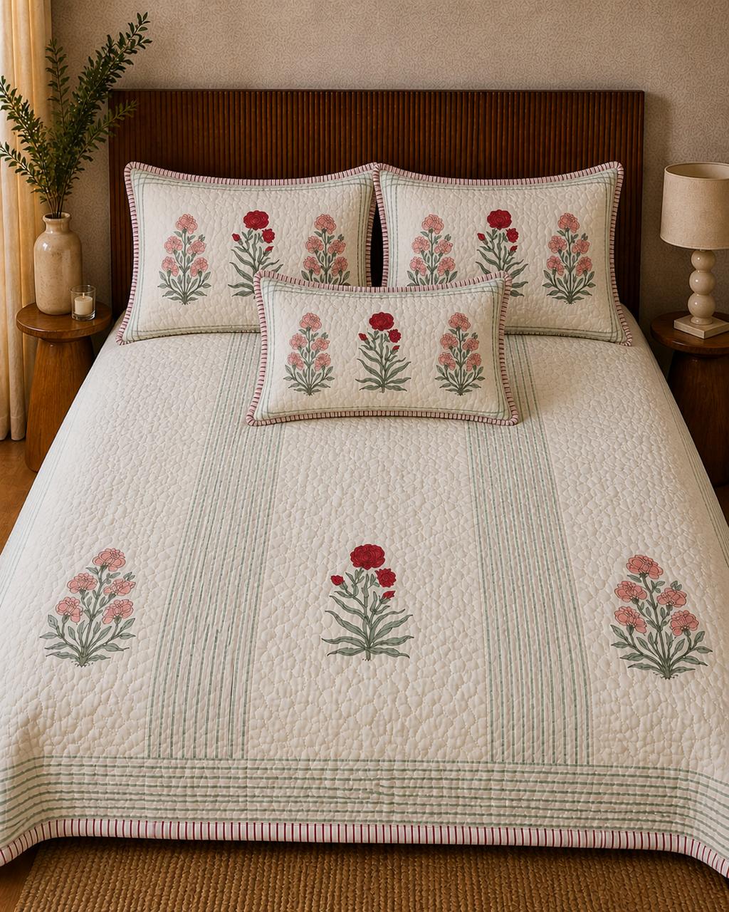Mulmul Cotton Bedsheet & Bedcover Set – Floral Design
