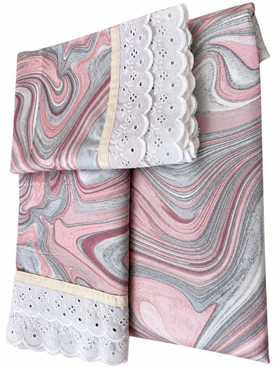 Premium Pure Cotton Bedding Set with Delicate Eyelet Lace Trim – Pink & Grey Marble Swirl