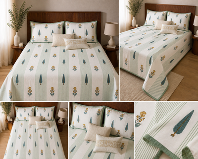 Handblock Printed Cotton Bedsheet with Striped Botanical & Cypress Motif