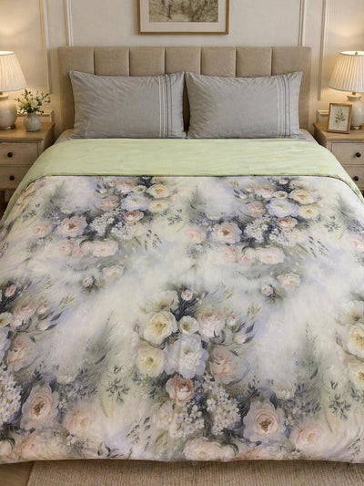 Floral duvet cover on a bed in a bedroom setting