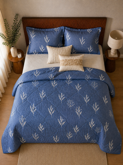 Quilted Cotton Comforter – Indigo Blue with Botanical Motif (King Size)