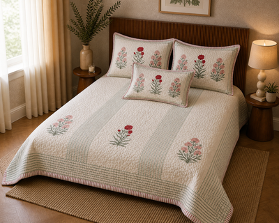 Mulmul Cotton Bedsheet & Bedcover Set – Floral Design