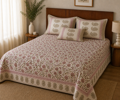 Blush Bloom Handblock Bedsheet Set
