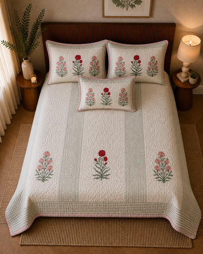 Mulmul Cotton Bedsheet & Bedcover Set – Floral Design