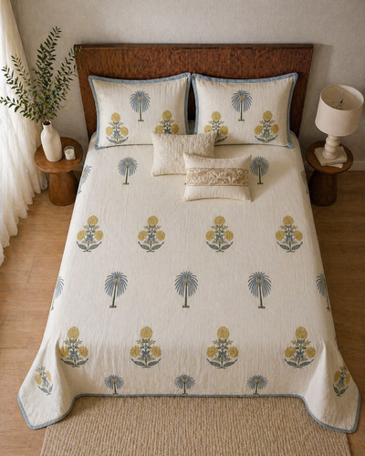 Handblock Printed Cotton Bedsheet with Botanical Palm Motif