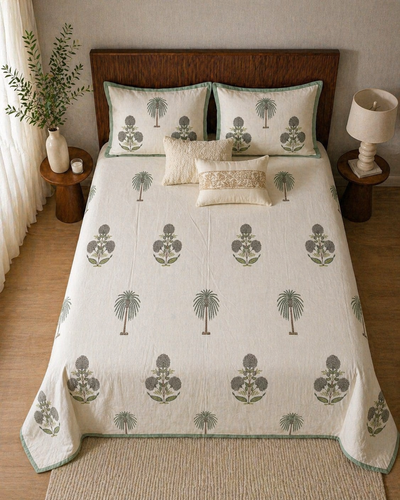 Handblock Printed Cotton Bedsheet with Botanical Palm Motif