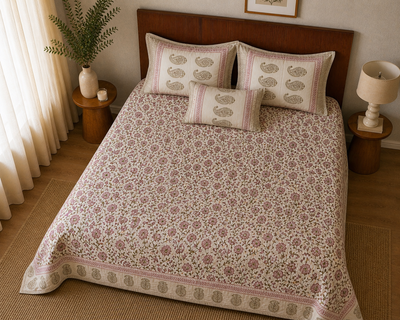 Blush Bloom Handblock Bedsheet Set