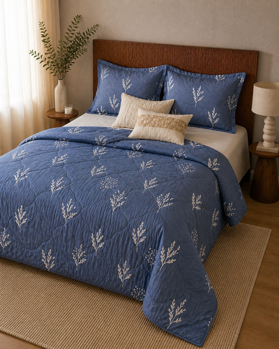 Quilted Cotton Comforter – Indigo Blue with Botanical Motif (King Size)