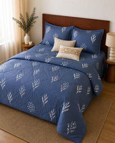Cotton Bedsheet with Quilted Comforter Set – Indigo Blue Botanical (King Size)