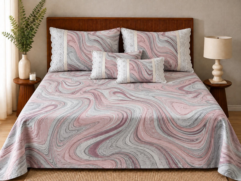 Premium Pure Cotton Bedding Set with Delicate Eyelet Lace Trim – Pink & Grey Marble Swirl