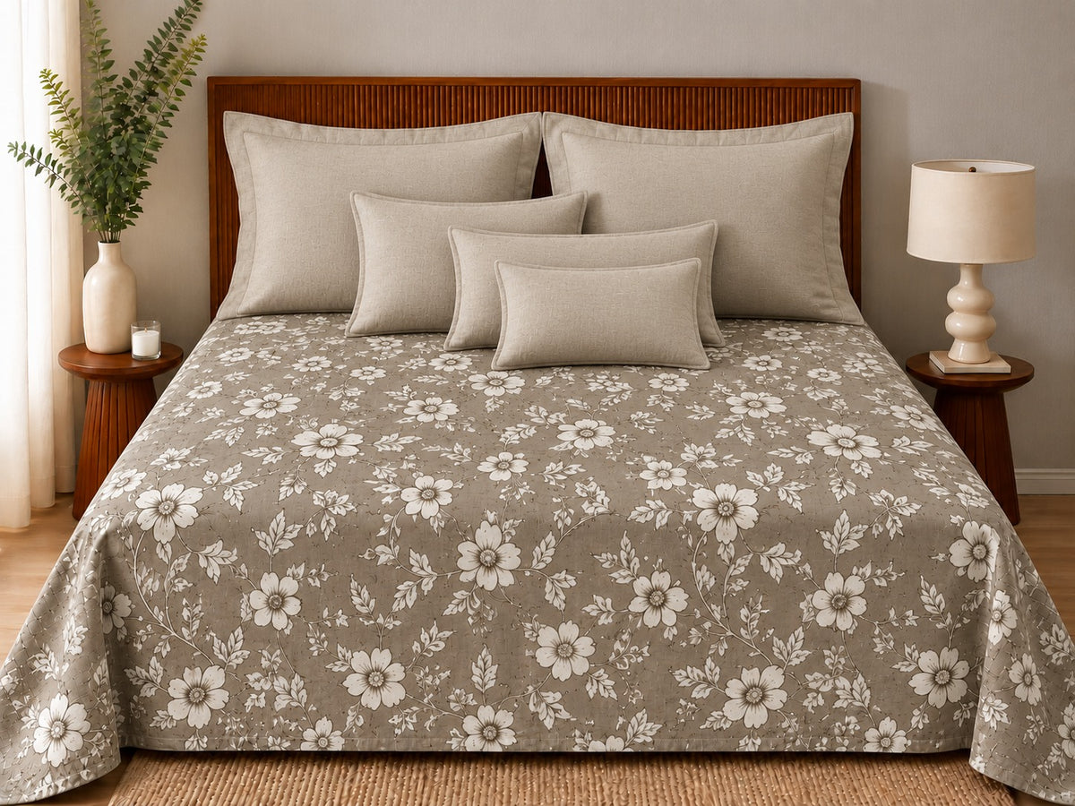 Opalia Homes Pure Cotton Mocha Floral Bedsheet Set – Textured Neutral Pillow Shams