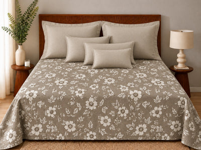 Opalia Homes Pure Cotton Mocha Floral Bedsheet Set – Textured Neutral Pillow Shams