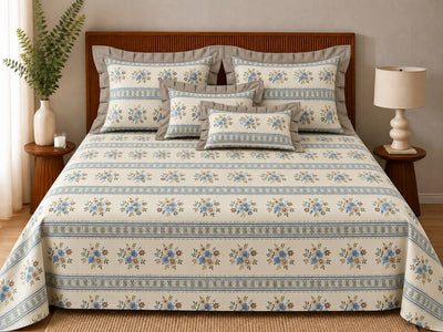 Opalia Homes Pure Cotton Stripe & Floral Bedsheet Set – Ruffle Border Design