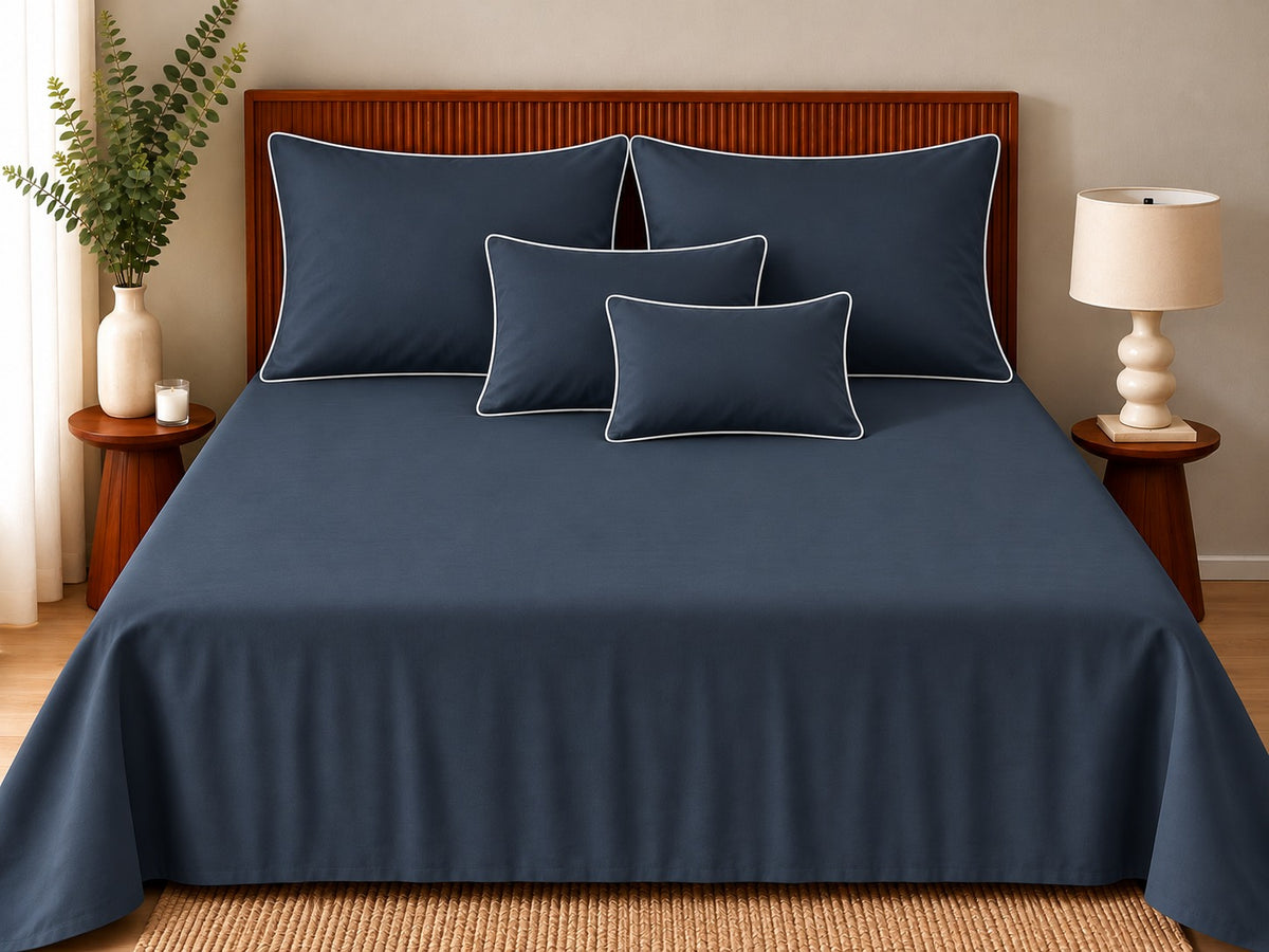 Opalia Homes Ultra-Soft Organic Bamboo Bedsheet Set – Navy Blue with White Piped Edges