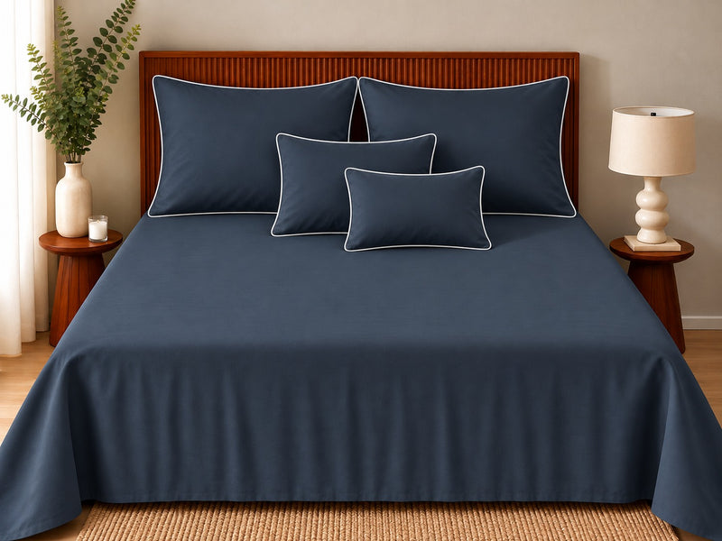 Opalia Homes Ultra-Soft Organic Bamboo Bedsheet Set – Navy Blue with White Piped Edges