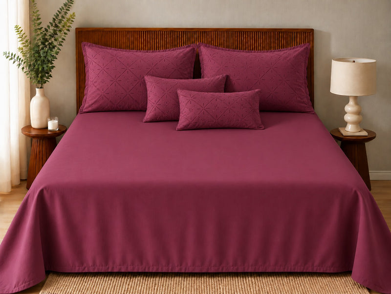 Opalia Homes Pure Cotton Magenta Bedsheet Set – Quilted Geometric Threadwork