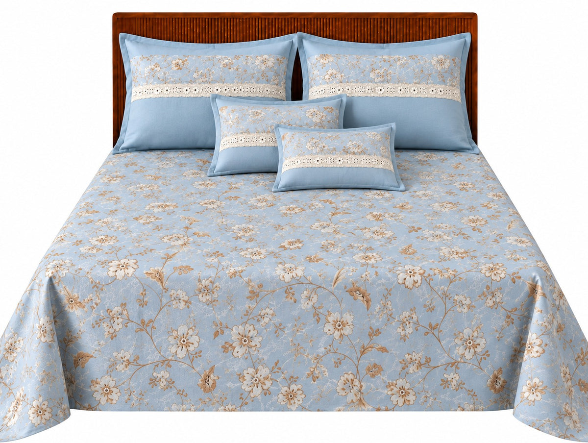 Opalia Homes Cotton Floral Bedsheet Set – Soft Powder Blue with Eyelet Lace Pillows