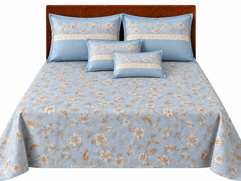 Opalia Homes Cotton Floral Bedsheet Set – Soft Powder Blue with Eyelet Lace Pillows