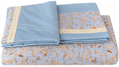Opalia Homes Cotton Floral Bedsheet Set – Soft Powder Blue with Eyelet Lace Pillows