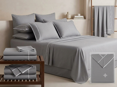Opalia Homes Ultra-Soft Organic Bamboo Bedsheet Set – Classic Grey with Contrast Piped Edges
