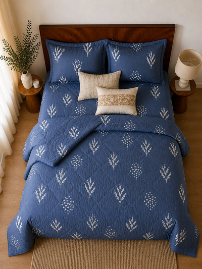 Cotton Bedsheet with Quilted Comforter Set – Indigo Blue Botanical (King Size)