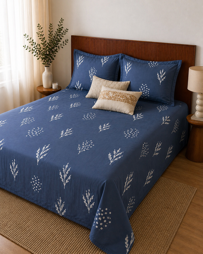 Printed Cotton Bedsheet – Indigo Blue Botanical Motif (King Size)