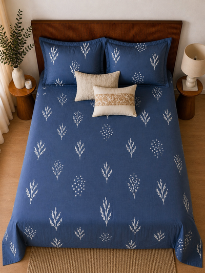 Printed Cotton Bedsheet – Indigo Blue Botanical Motif (King Size)