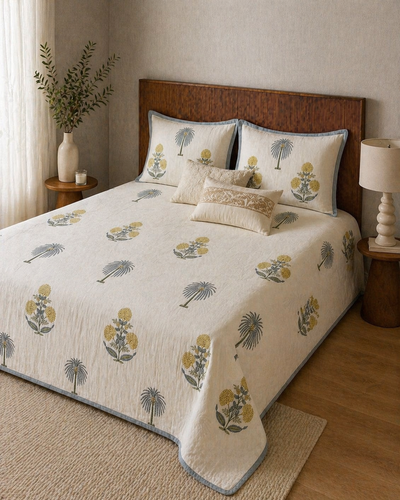 Handblock Printed Cotton Bedsheet with Botanical Palm Motif