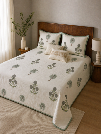 Handblock Printed Cotton Bedsheet with Botanical Palm Motif