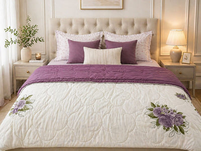 Premium Quilted Comforter Set with Floral Embroidery — Lavender & Ivory