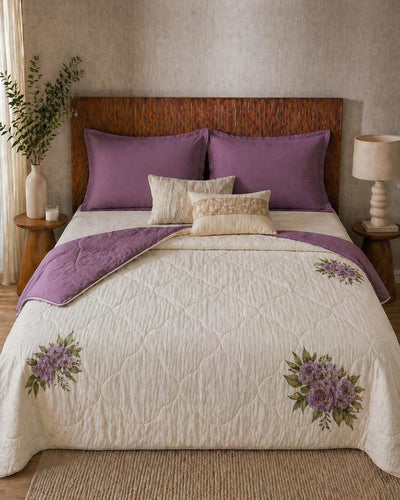 Premium Quilted Comforter Set with Floral Embroidery — Lavender & Ivory