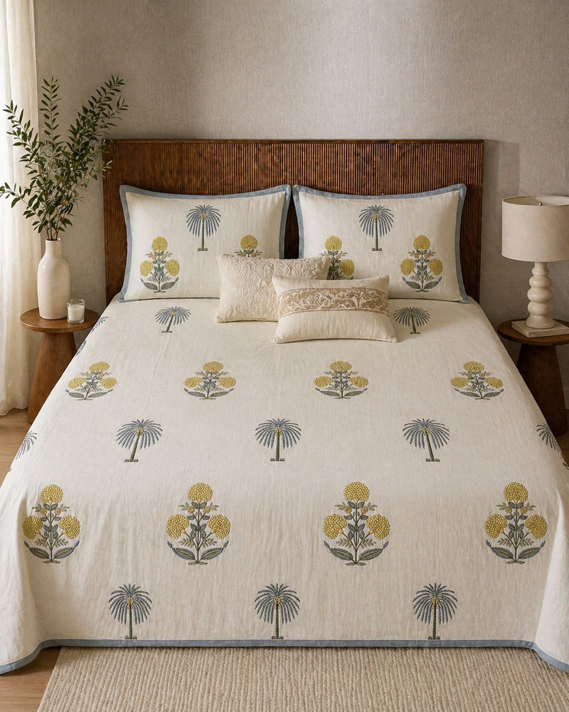 Handblock Printed Cotton Bedsheet with Botanical Palm Motif