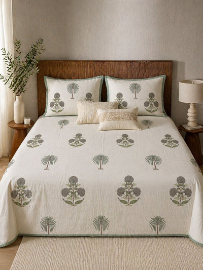 Handblock Printed Cotton Bedsheet with Botanical Palm Motif
