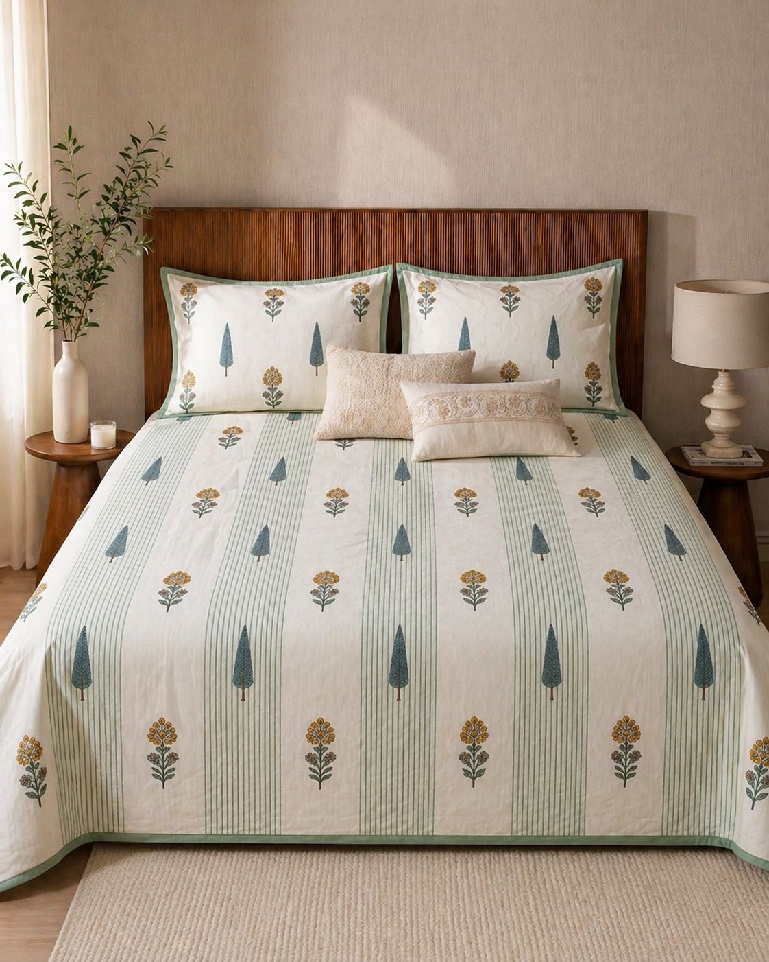 Handblock Printed Cotton Bedsheet with Striped Botanical & Cypress Motif