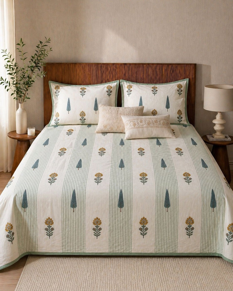 Handblock Printed Cotton Bedsheet with Striped Botanical & Cypress Motif