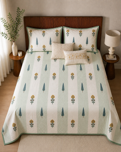 Handblock Printed Cotton Bedsheet with Striped Botanical & Cypress Motif