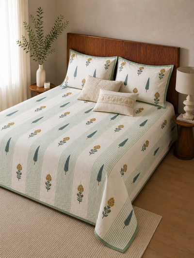 Handblock Printed Cotton Bedsheet with Striped Botanical & Cypress Motif