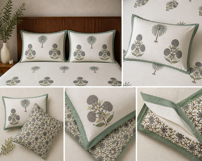 Handblock Printed Cotton Bedsheet with Botanical Palm Motif
